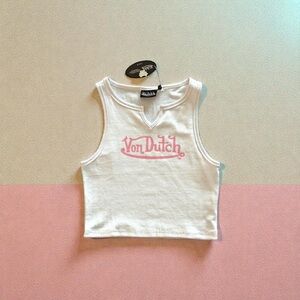 NWT Von Dutch White Ribbed Crop Tank Top Pink Logo Size L Y2K Coquette